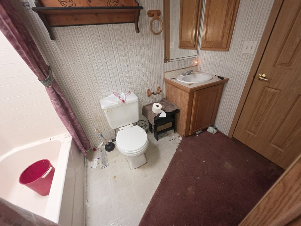 Before: Carpet on the bathroom floor and old fixtures. New tile, vanity and tub.